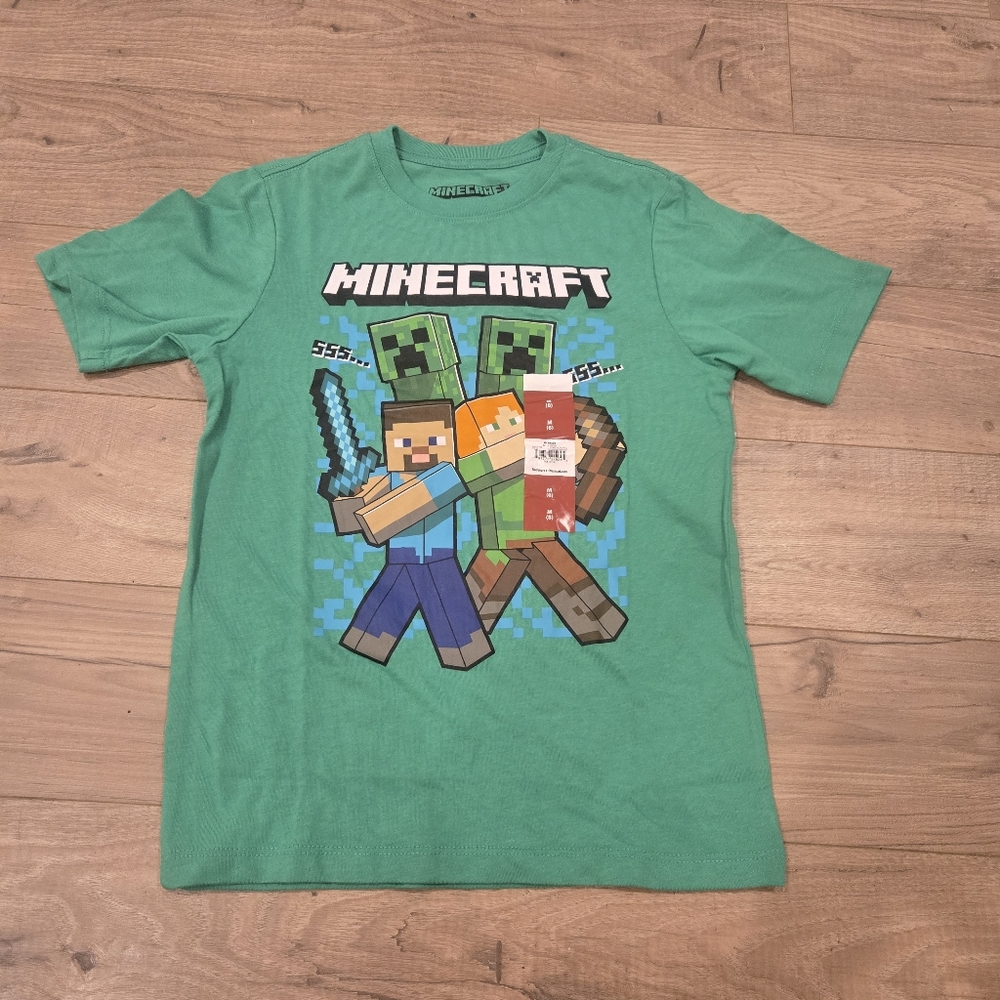 🌻NWT Minecraft boys short sleeved Kelly green crewneck graphic shirt size M (8)